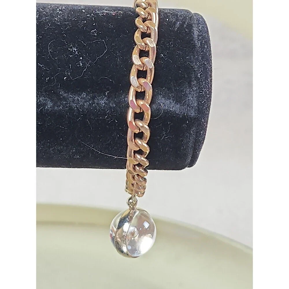 Vintage Unsigned Gold Colored Links Chunky Bracelet with Clear Dangling Marble